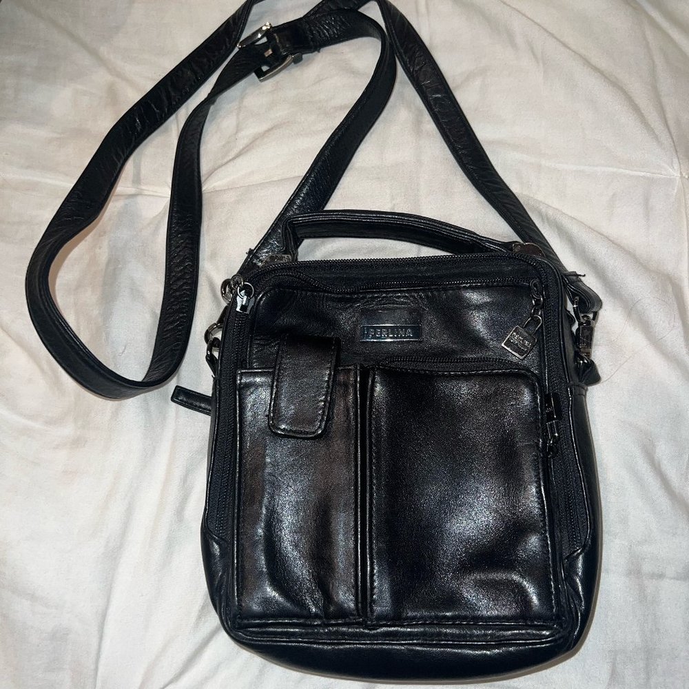Vintage Perlina Black Leather Crossbody Bag